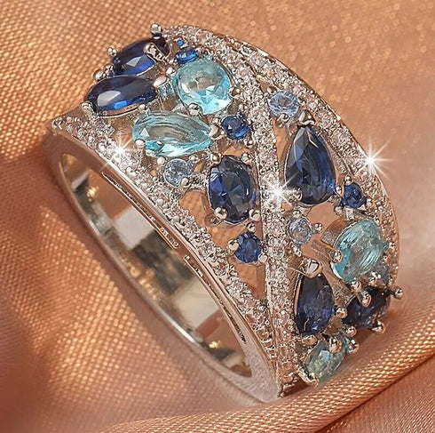 Dazzling Blue Turquoise 18K White Gold-Plated 5A Cubic Zirconia Women Ring